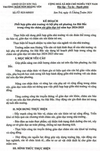 Kế hoạch phối hợp giữa nhà trường và Hội phụ nữ phường trong công tác giáo dục trẻ năm học 2024 -...