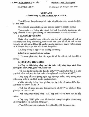 Kế hoạch tổ chức công tác bán trú năm học 2025-2026