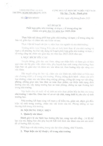 Kế hoạch phối hợp giữa nhà trường và Trạm y tế trong công tác chăm sóc giáo dục trẻ em năm học...